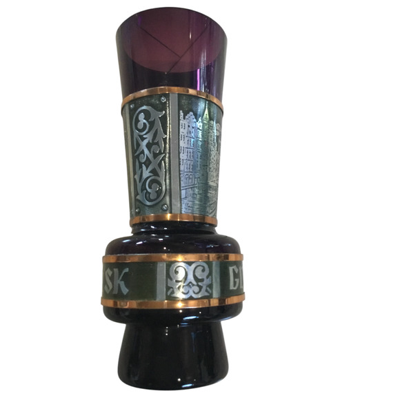 VTG Gdańsk Poland Souvenir Pitcher & Goblet Set – Amethyst Glass & Metal Etching - Picture 12 of 16